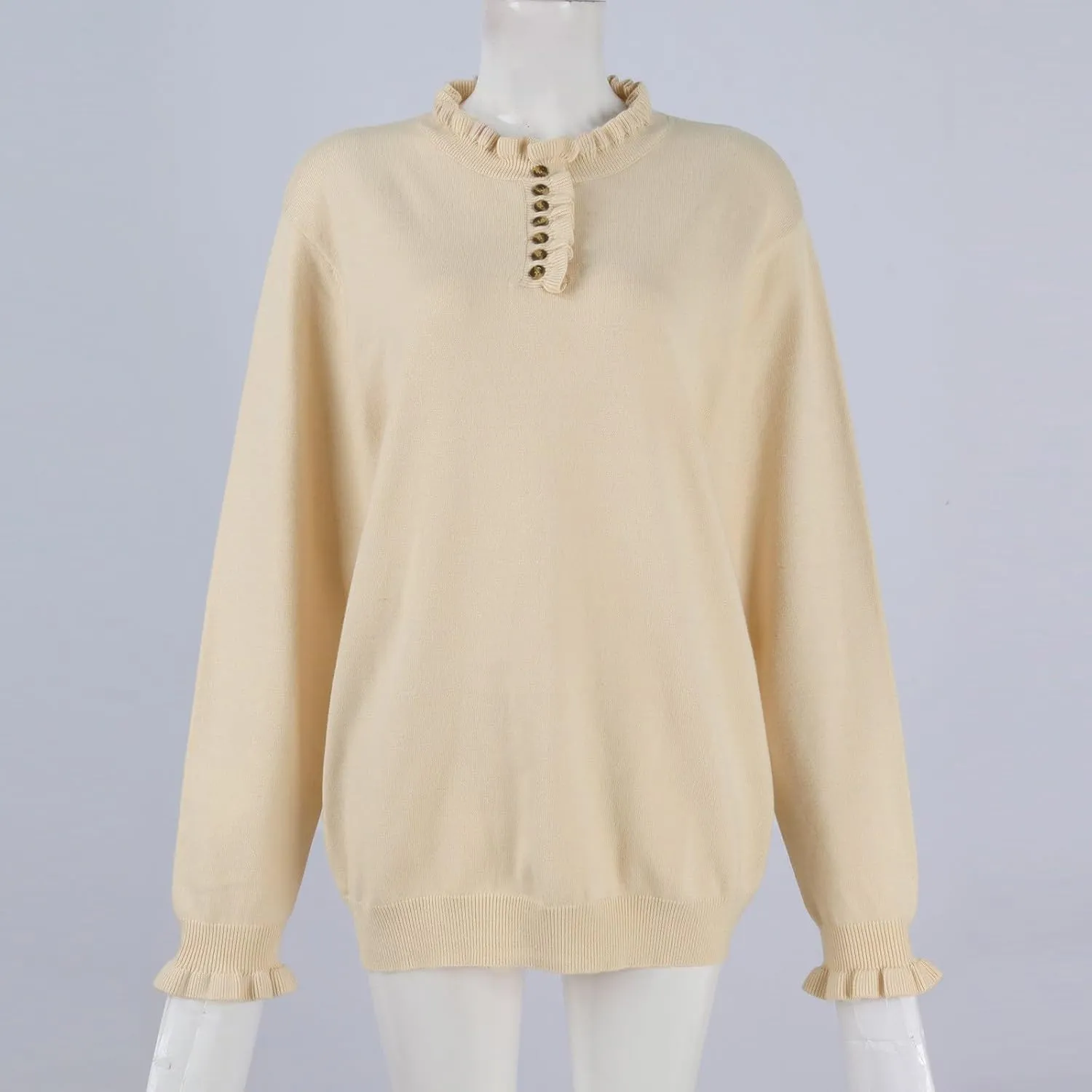 2024 Womens Sweaters Fall Winter Outfits Long Sleeve Button Down Ruffle Knitted Pullover Casual V Neck Jumper Tops