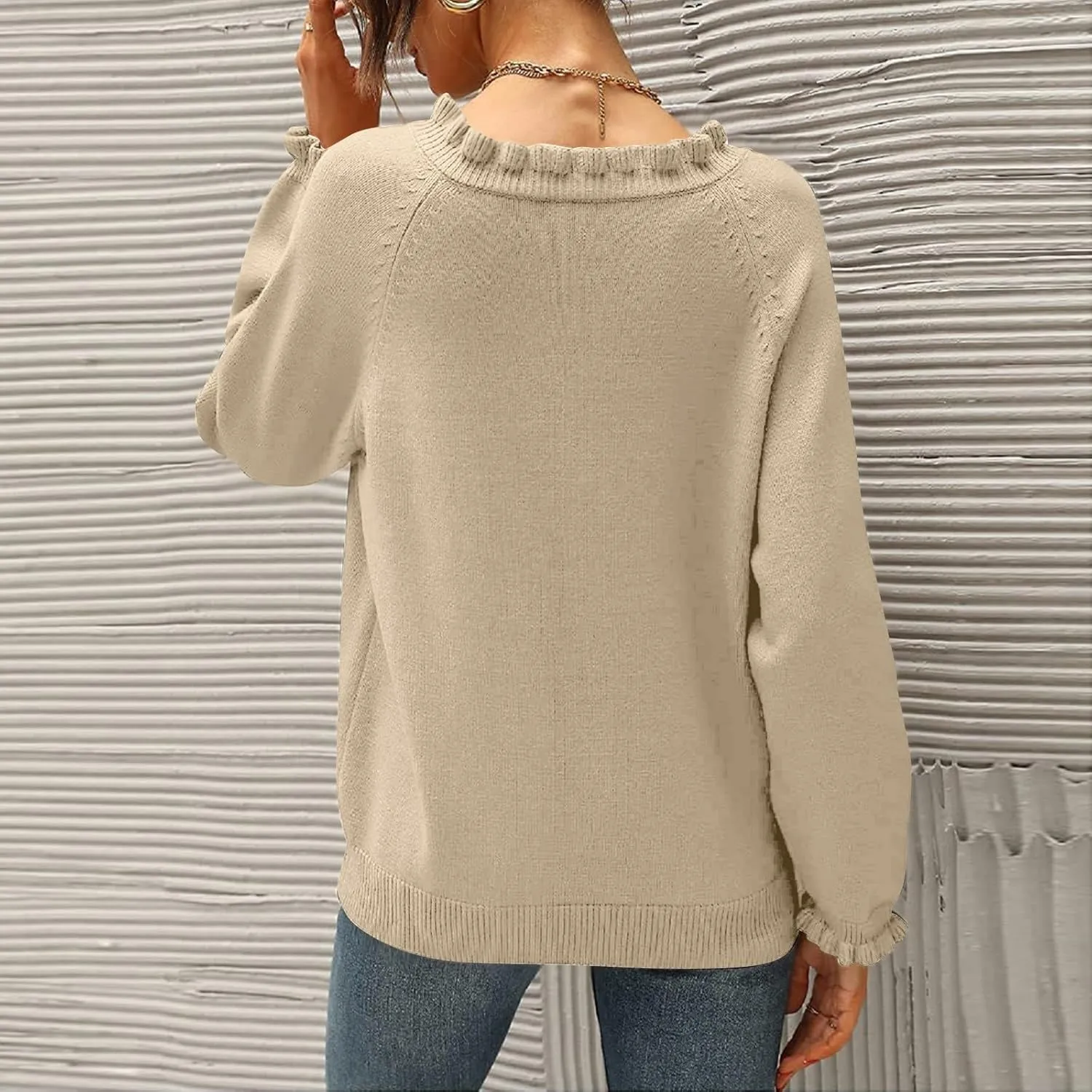 2024 Womens Sweaters Fall Winter Outfits Long Sleeve Button Down Ruffle Knitted Pullover Casual V Neck Jumper Tops