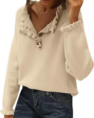 2024 Womens Sweaters Fall Winter Outfits Long Sleeve Button Down Ruffle Knitted Pullover Casual V Neck Jumper Tops