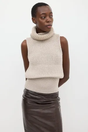 Beige Wool Knit Turtleneck Vest