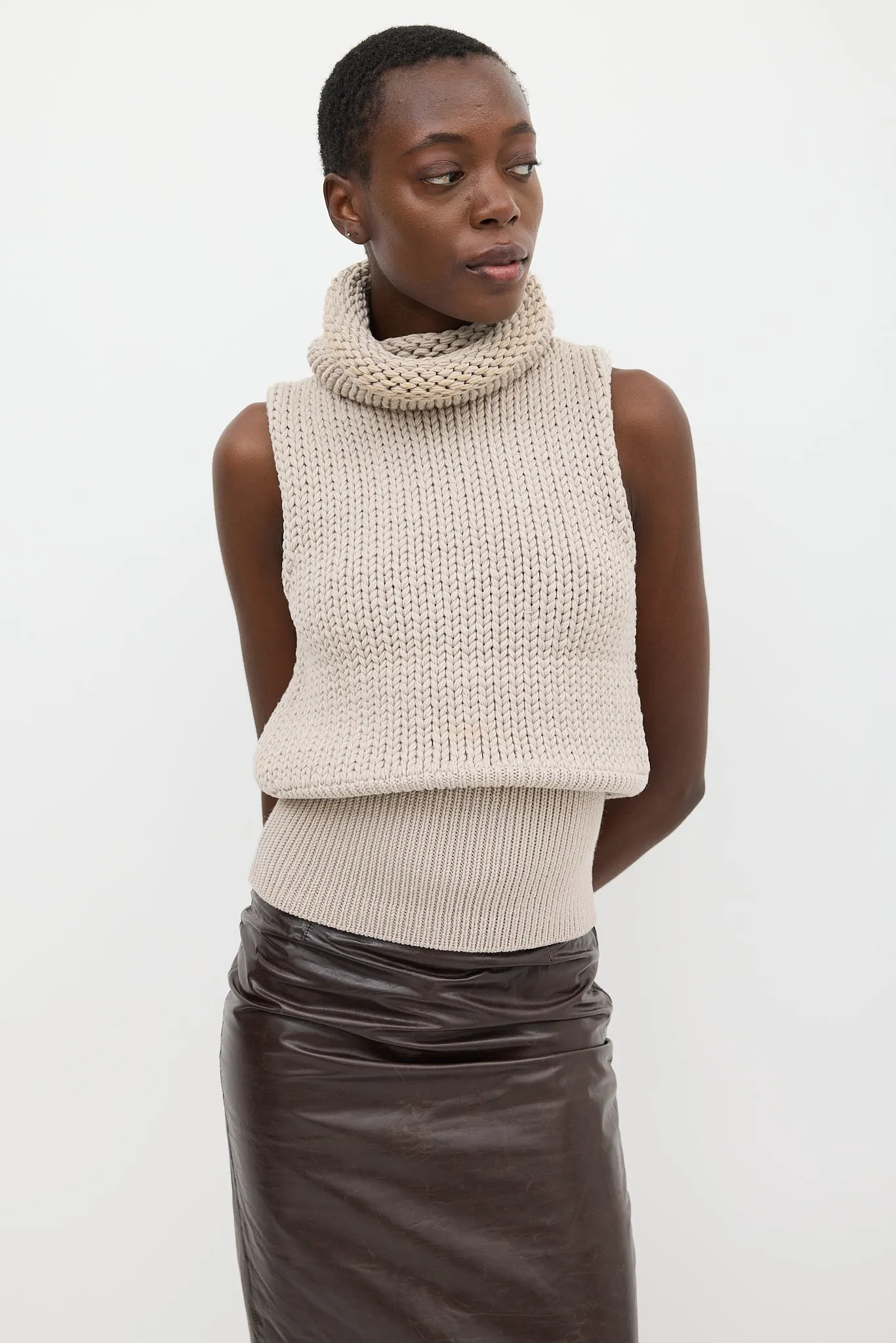 Beige Wool Knit Turtleneck Vest