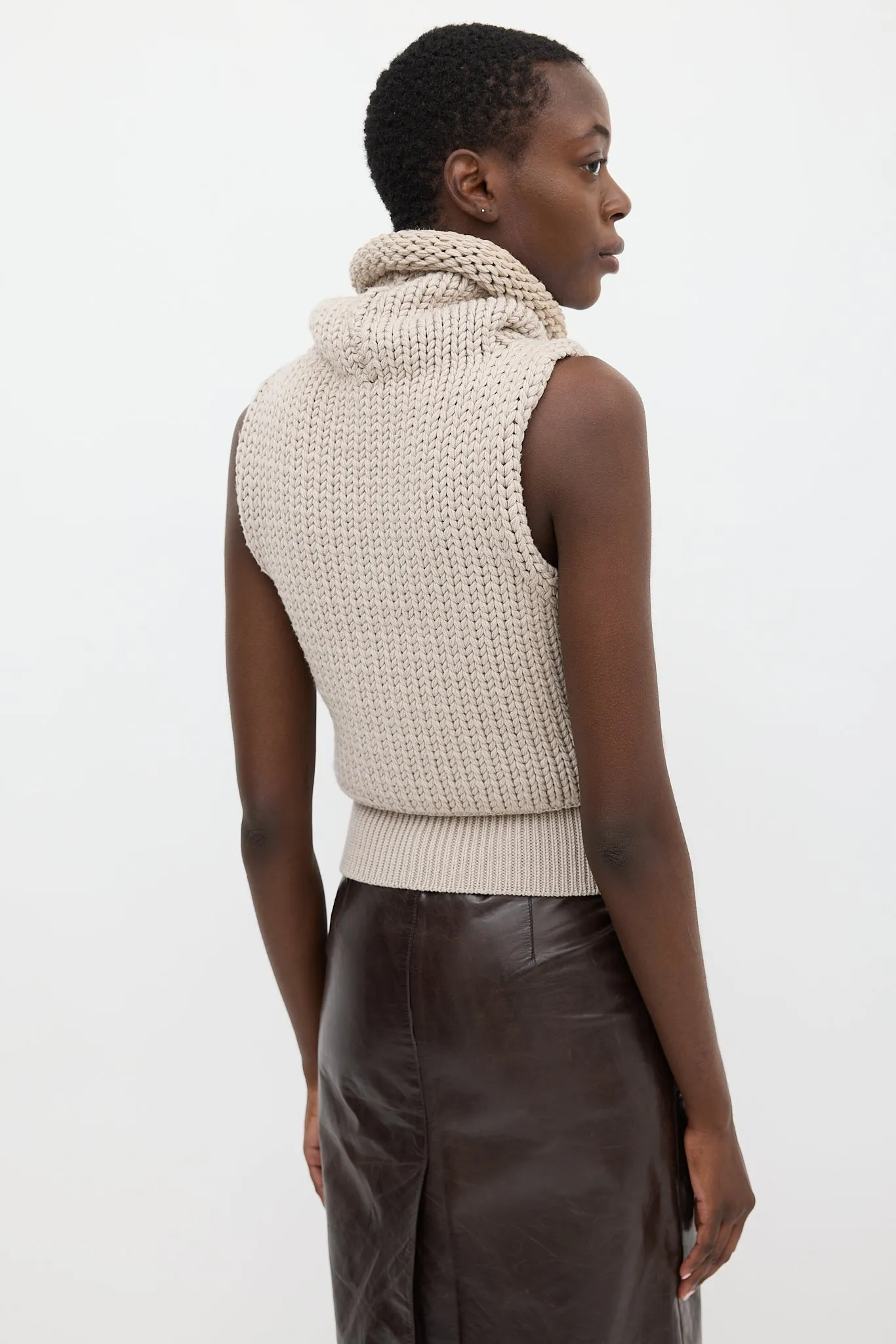 Beige Wool Knit Turtleneck Vest