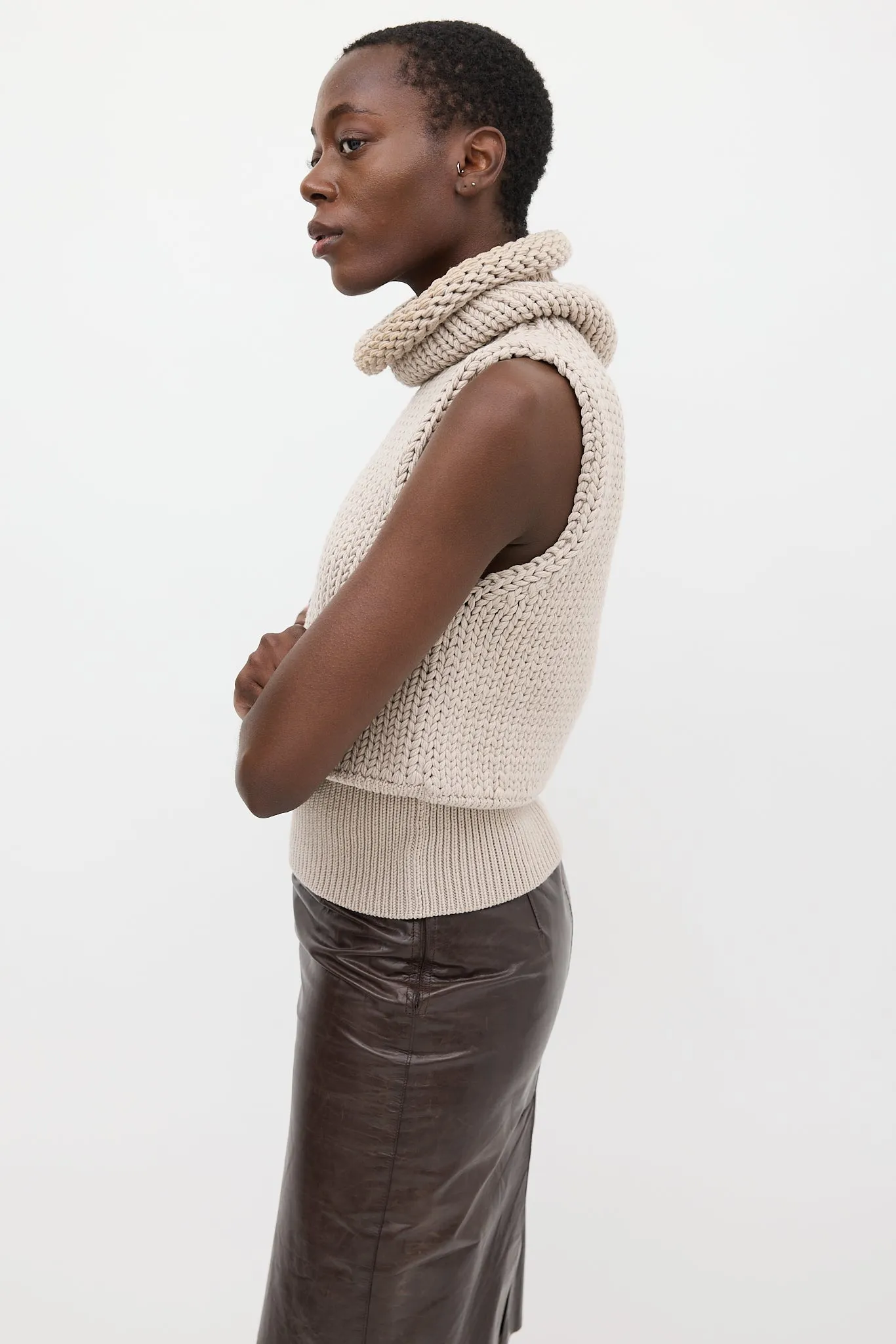 Beige Wool Knit Turtleneck Vest