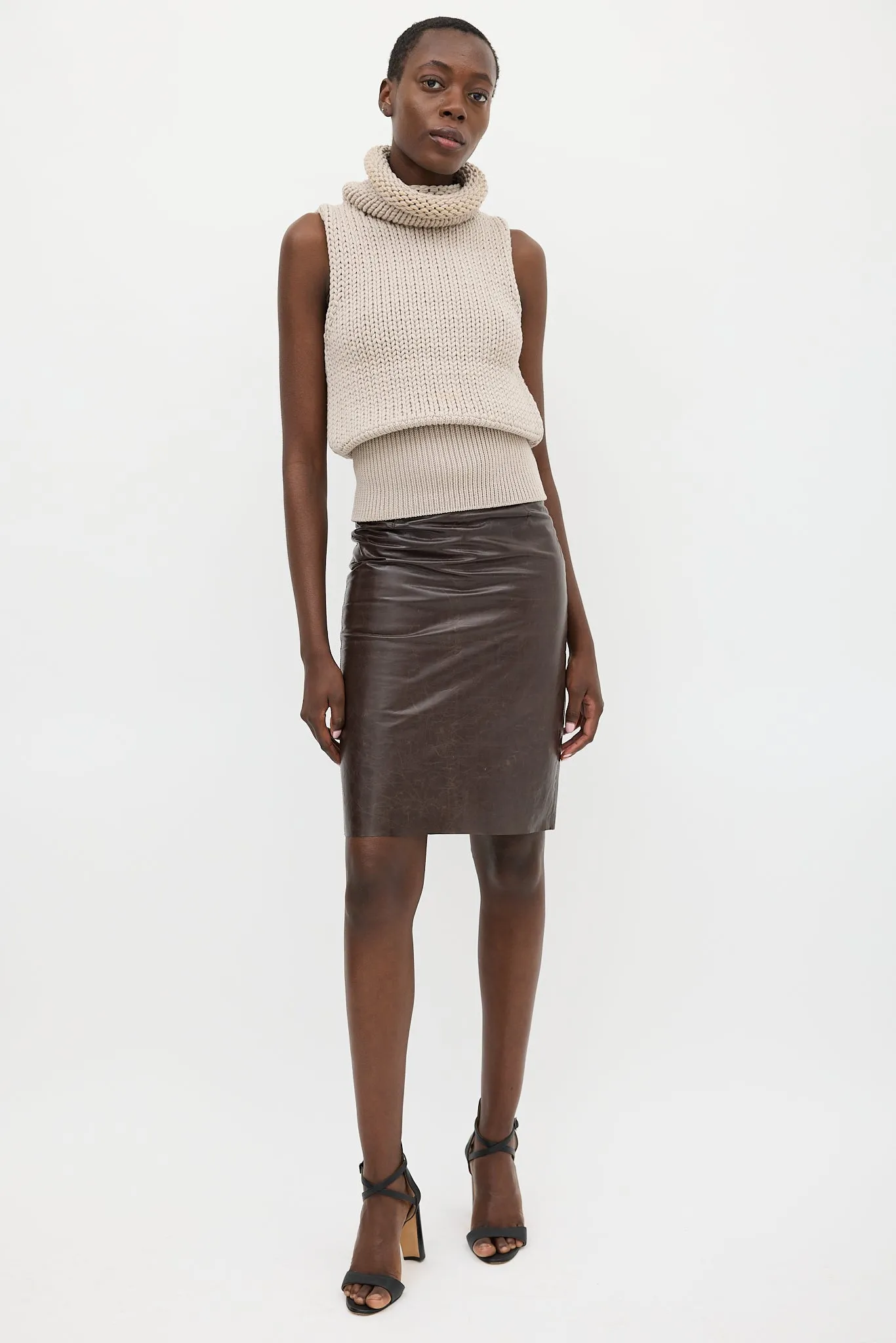 Beige Wool Knit Turtleneck Vest