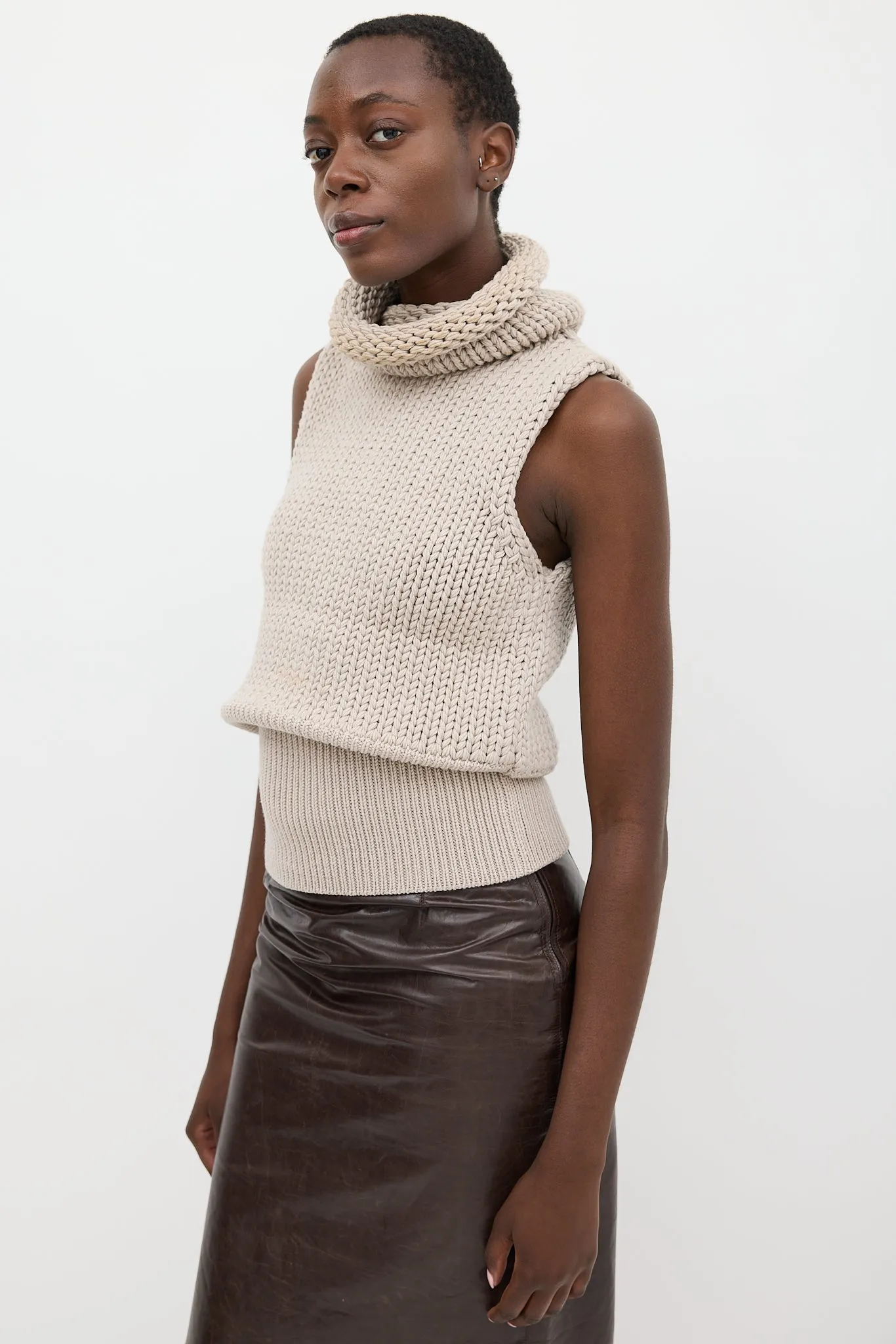 Beige Wool Knit Turtleneck Vest