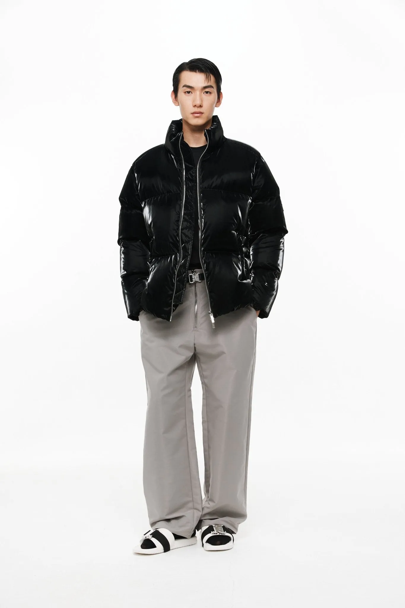 Black Water-Gloss Custom Buckle Down Jacket