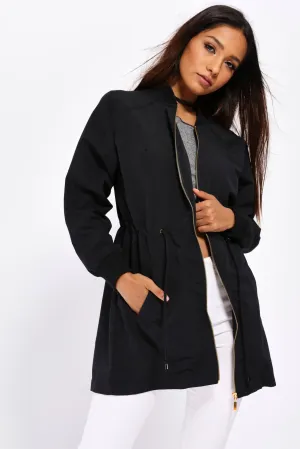 Black Zip Front Tie Waist Jacket