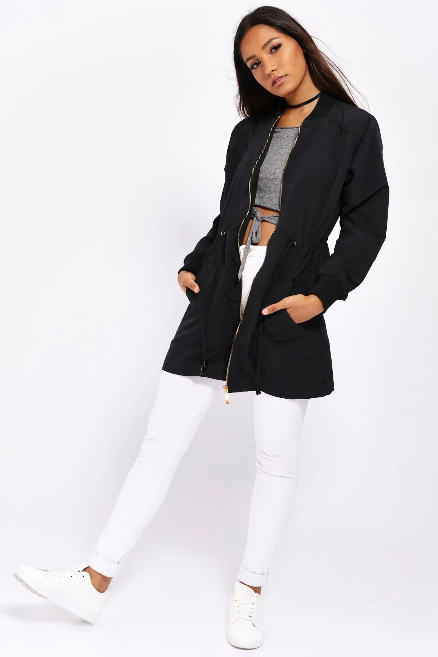Black Zip Front Tie Waist Jacket