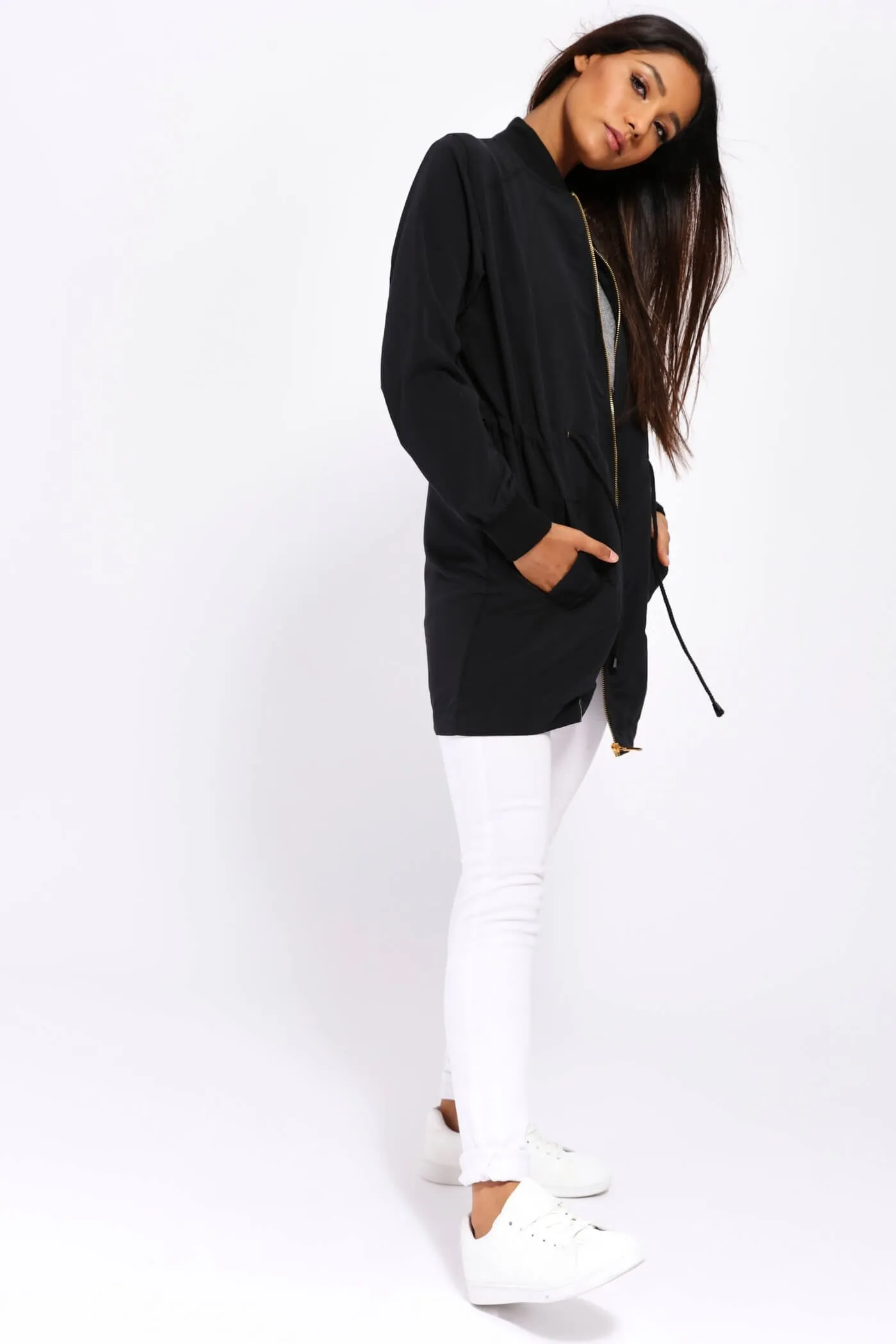 Black Zip Front Tie Waist Jacket