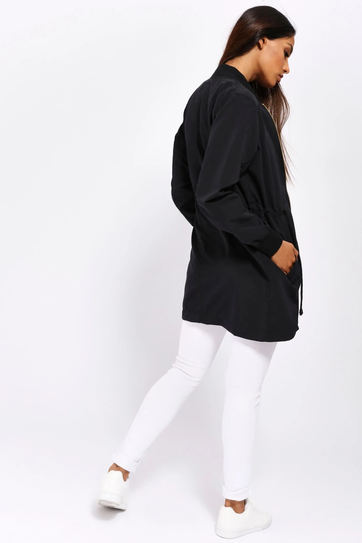 Black Zip Front Tie Waist Jacket