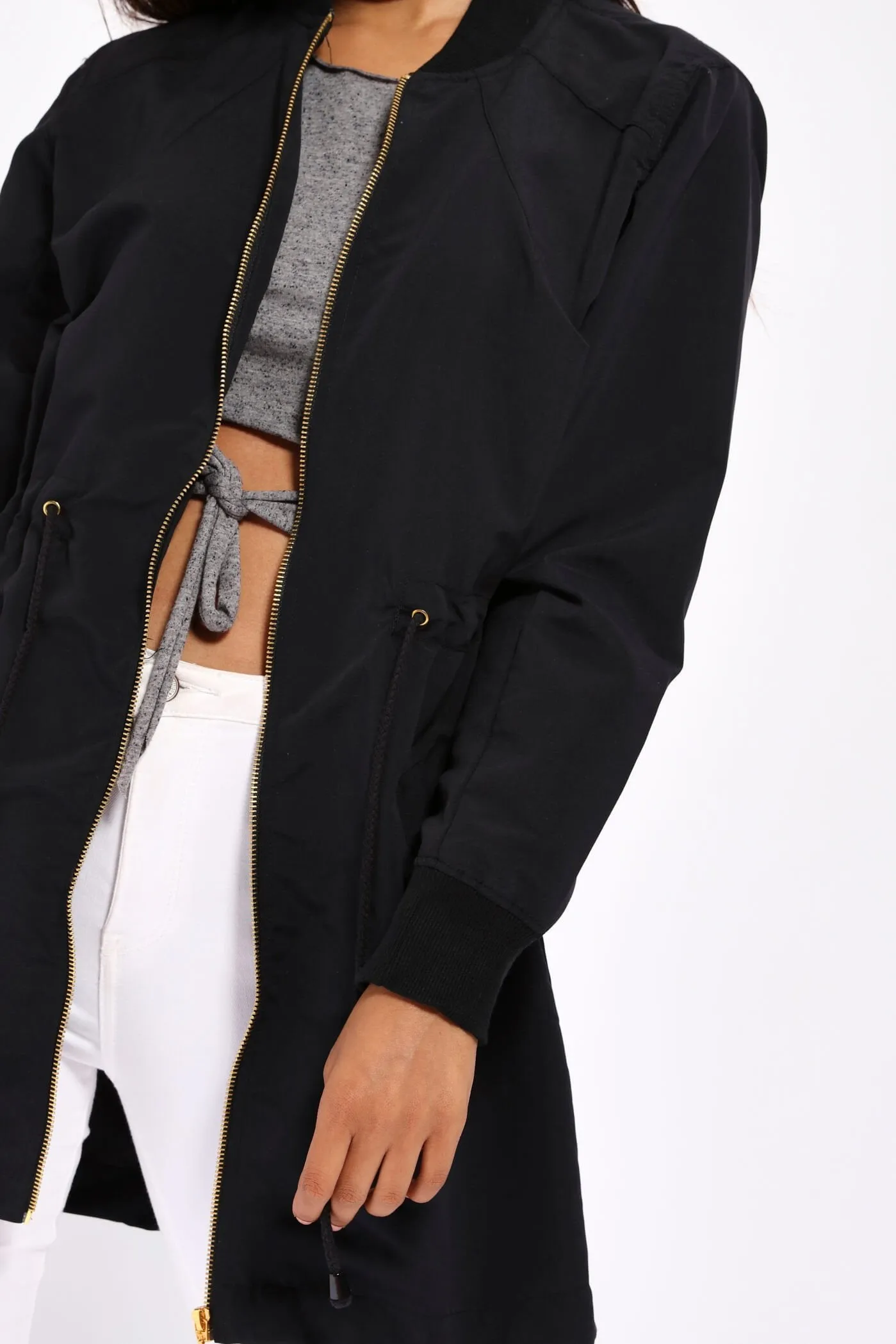 Black Zip Front Tie Waist Jacket