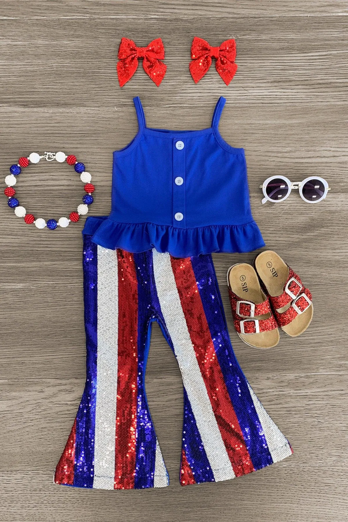 Blue Striped Sequin Bell Bottom Set