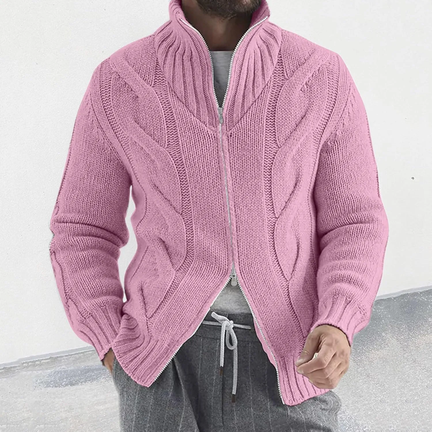 Cardigan Sweaters for Men with Buttons Cable Knit Lapel Open Front Cardigan Solid Ribbed Warm Work Cardigan Sweaters