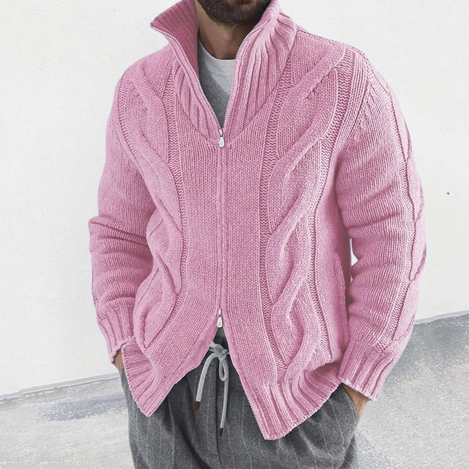 Cardigan Sweaters for Men with Buttons Cable Knit Lapel Open Front Cardigan Solid Ribbed Warm Work Cardigan Sweaters