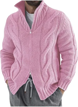 Cardigan Sweaters for Men with Buttons Cable Knit Lapel Open Front Cardigan Solid Ribbed Warm Work Cardigan Sweaters