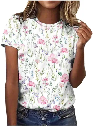 ChicCrate Womens Dressy Tops 2025 Summer Fashion Casual Short Sleeve Round Neck Boho T Shirts Beach Vacation Clothes