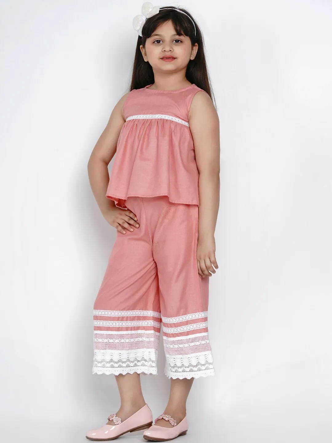 Girl's Peach & White Solid Top & Palazzo Set  - NOZ2TOZ KIDS