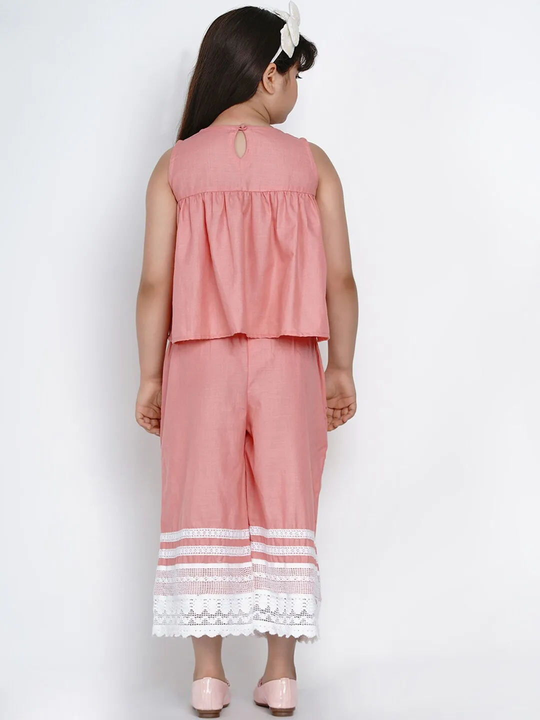 Girl's Peach & White Solid Top & Palazzo Set  - NOZ2TOZ KIDS