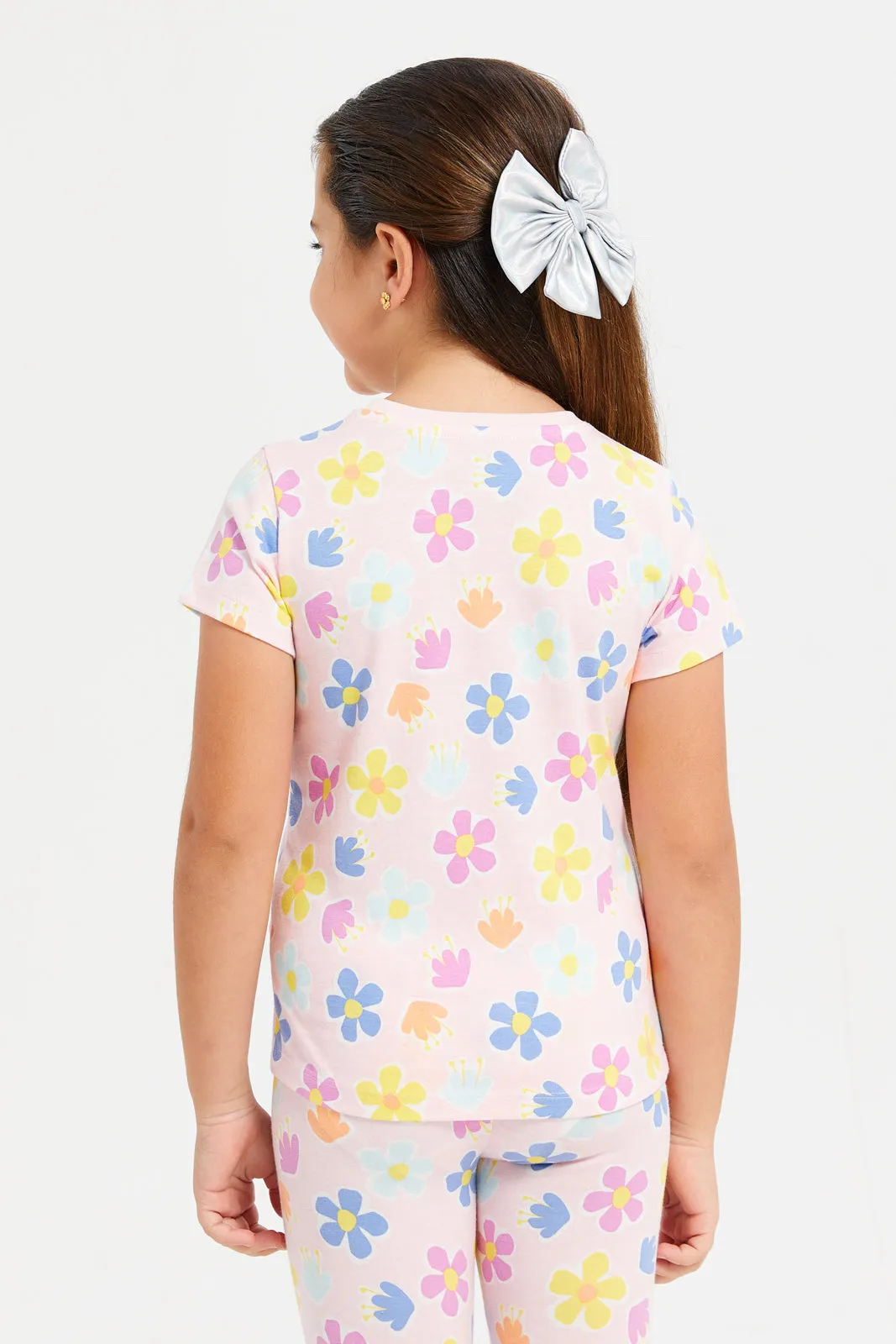 Girls Pink Flowers Print T-Shirt