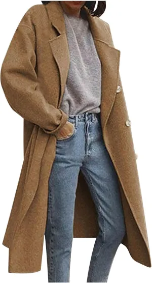 Lmdudan Women Casual Double Breasted Mid Long Pea Coat Winter Notched Lapel Wool Coat Jacket Overcoat Fashion Trench Coats
