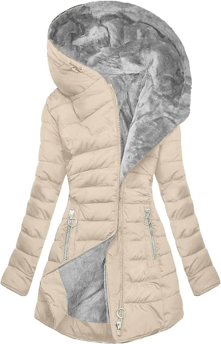 Long Winter Coats for Women Fleece Lined Warm Puffer Jackets Thicken Fur Hooded Parka Outerwear with Zipper Pockets