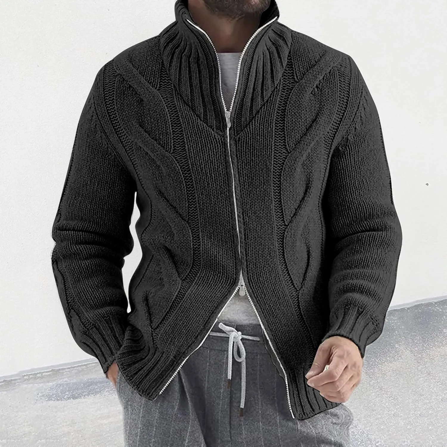 Men's Double-Zip Stand Collar Cardigan Sweaters Vintage Slim Fit Cable Knitted Sweater Cardigans Thick Warm Sweaters