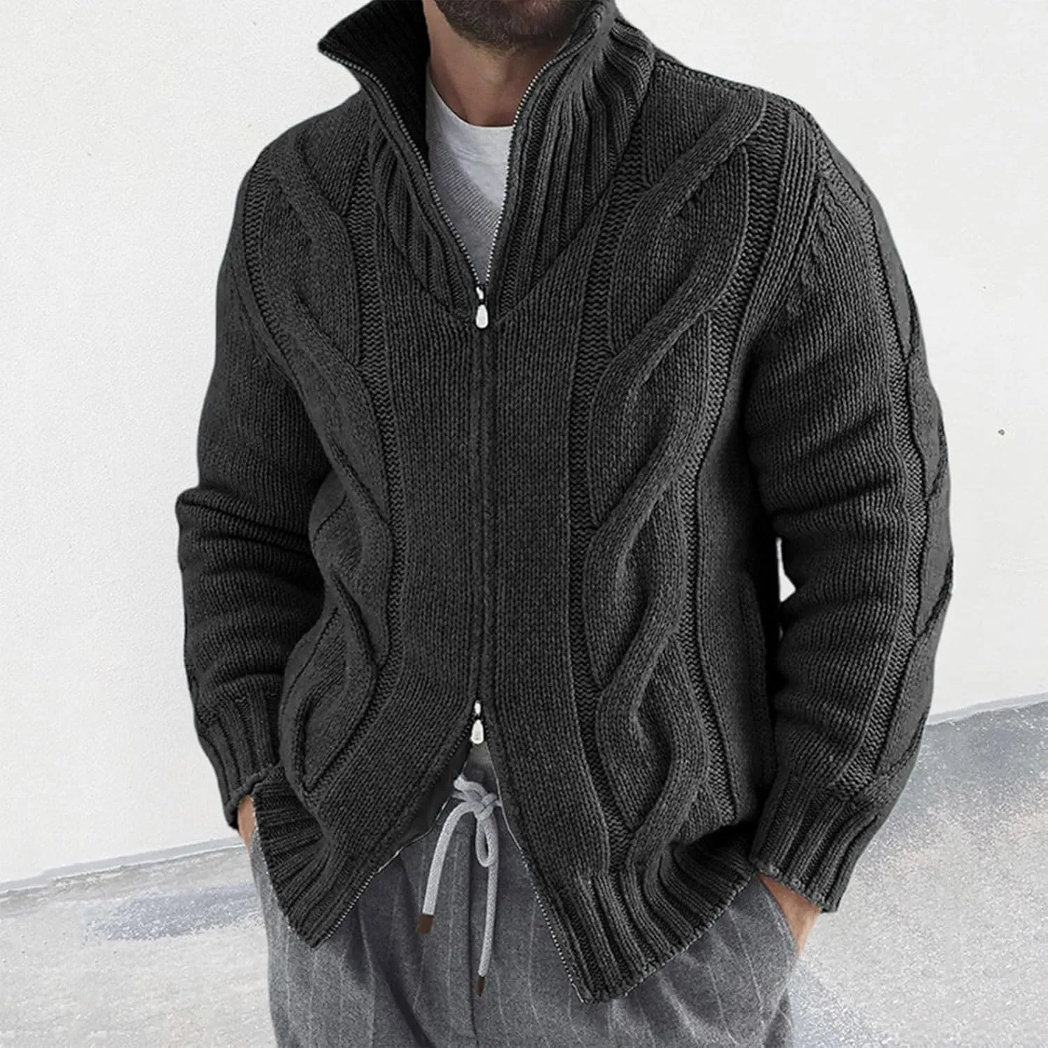 Men's Double-Zip Stand Collar Cardigan Sweaters Vintage Slim Fit Cable Knitted Sweater Cardigans Thick Warm Sweaters