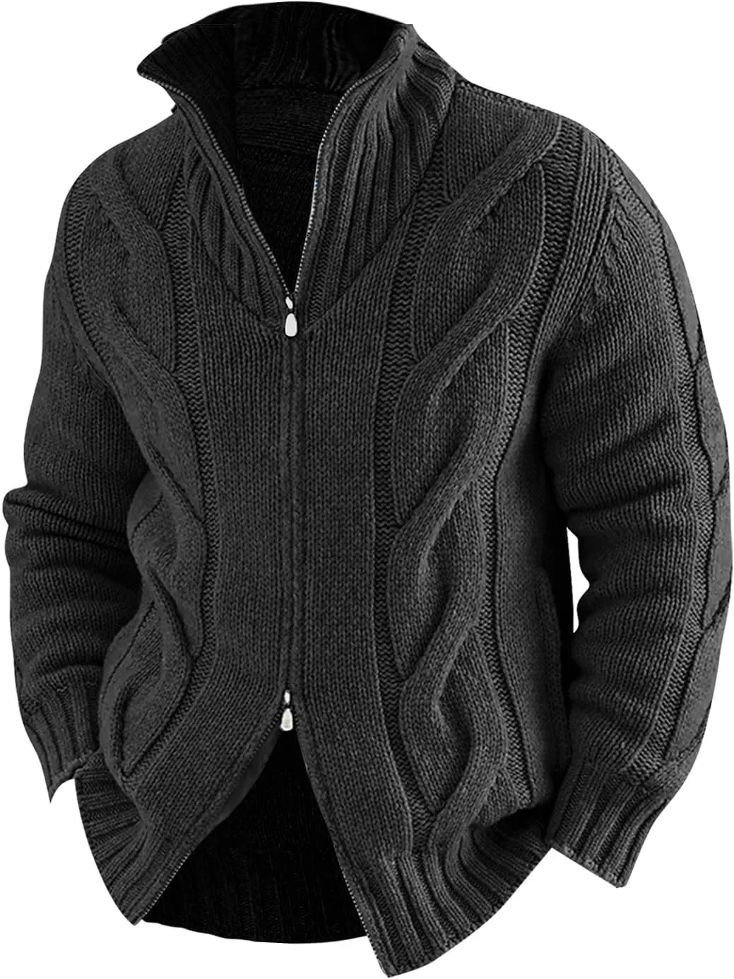Men's Double-Zip Stand Collar Cardigan Sweaters Vintage Slim Fit Cable Knitted Sweater Cardigans Thick Warm Sweaters