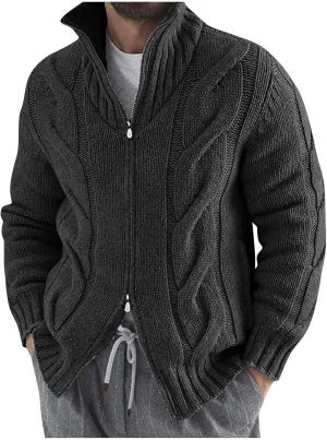 Men's Double-Zip Stand Collar Cardigan Sweaters Vintage Slim Fit Cable Knitted Sweater Cardigans Thick Warm Sweaters