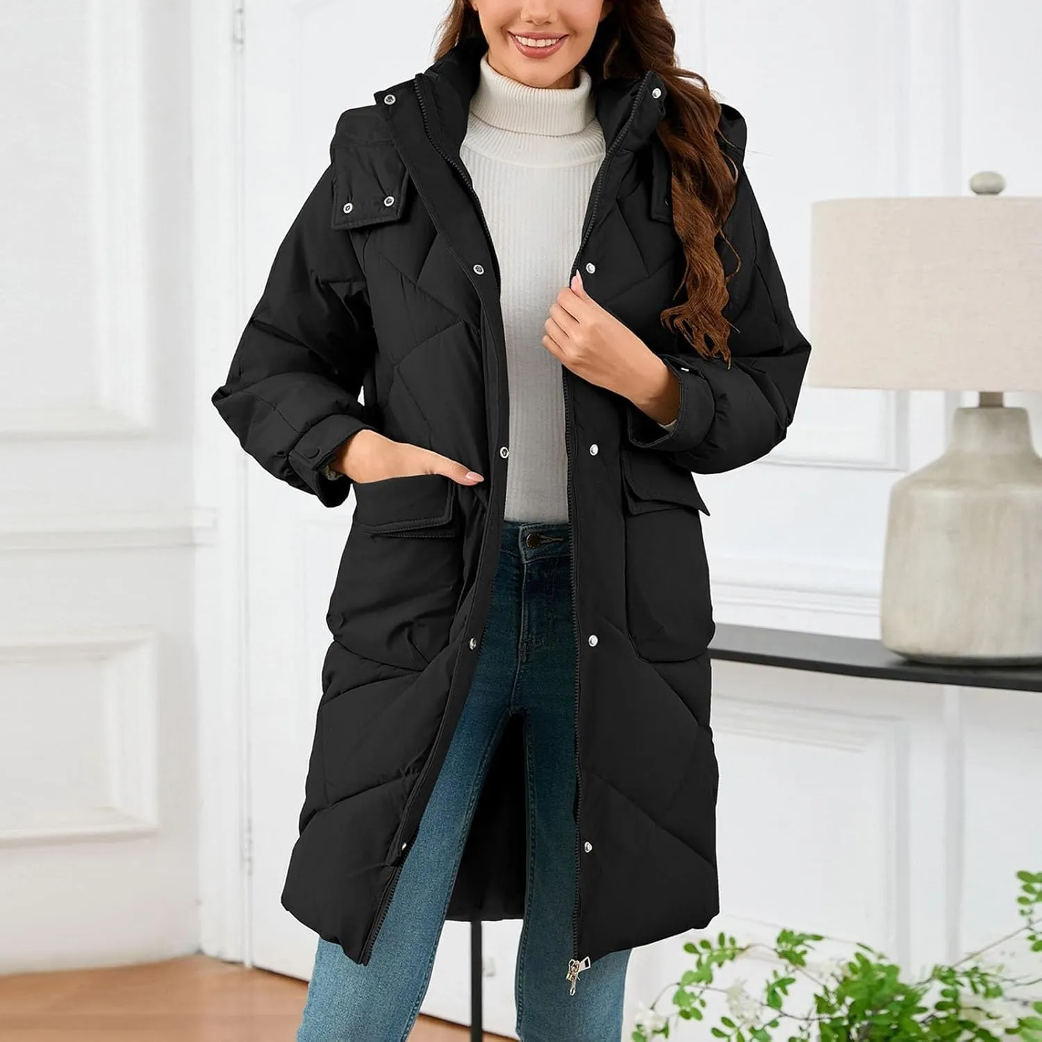 Mid Length Winter Coats for Women Detachable Hooded Full Zip Parkas Down Jackets Windproof Quilted Snow Puffer Coats