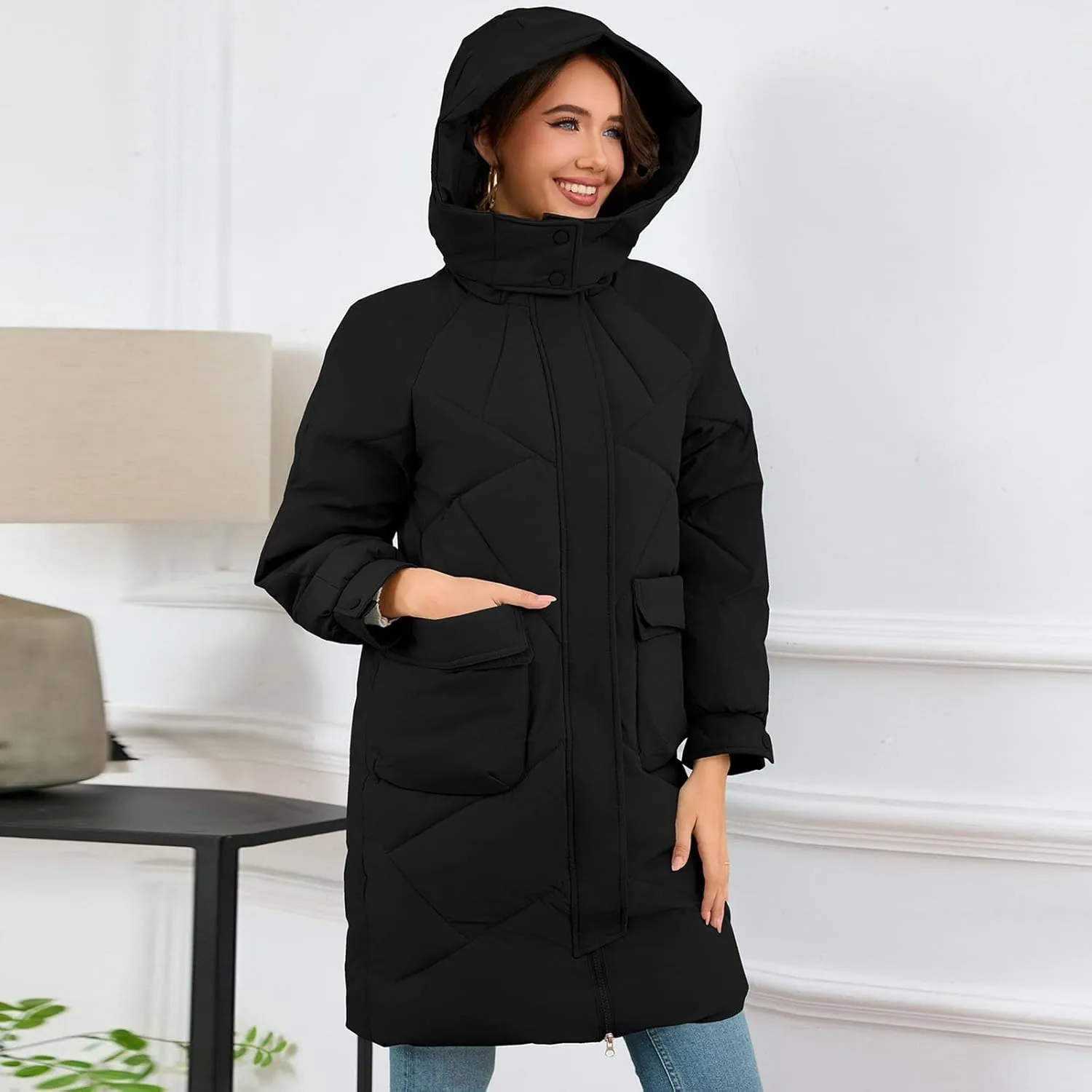 Mid Length Winter Coats for Women Detachable Hooded Full Zip Parkas Down Jackets Windproof Quilted Snow Puffer Coats