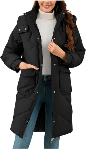 Mid Length Winter Coats for Women Detachable Hooded Full Zip Parkas Down Jackets Windproof Quilted Snow Puffer Coats