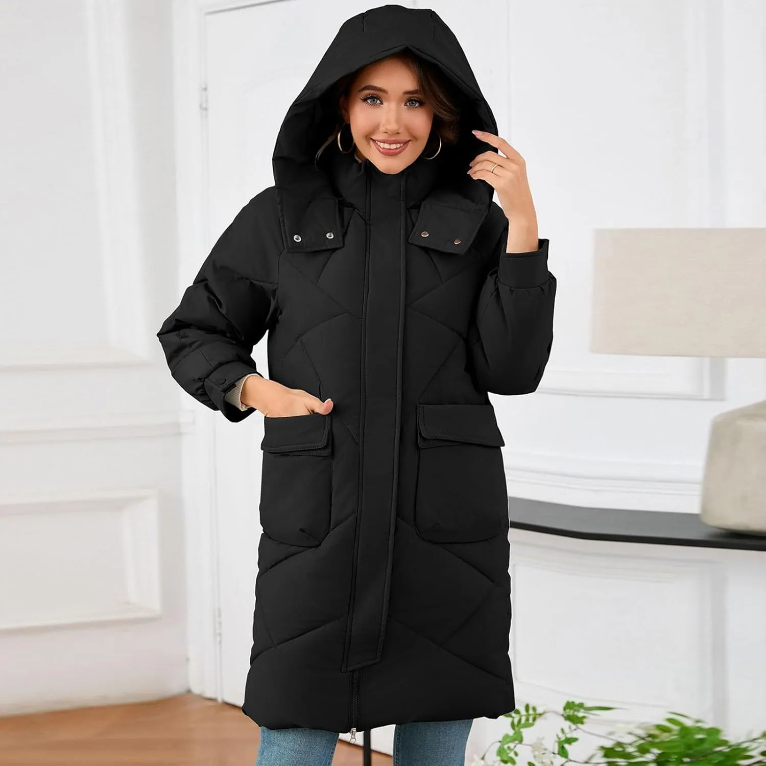 Mid Length Winter Coats for Women Detachable Hooded Full Zip Parkas Down Jackets Windproof Quilted Snow Puffer Coats