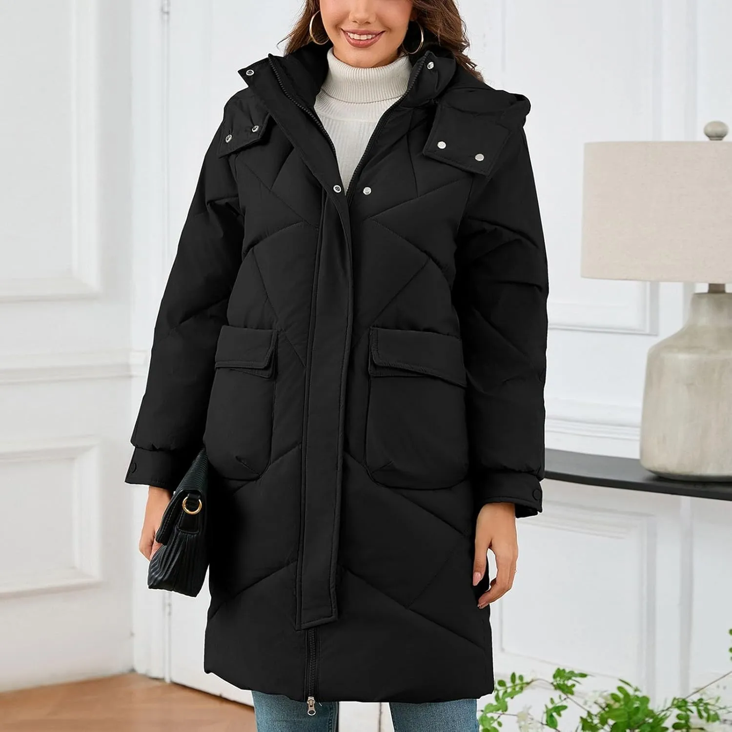 Mid Length Winter Coats for Women Detachable Hooded Full Zip Parkas Down Jackets Windproof Quilted Snow Puffer Coats