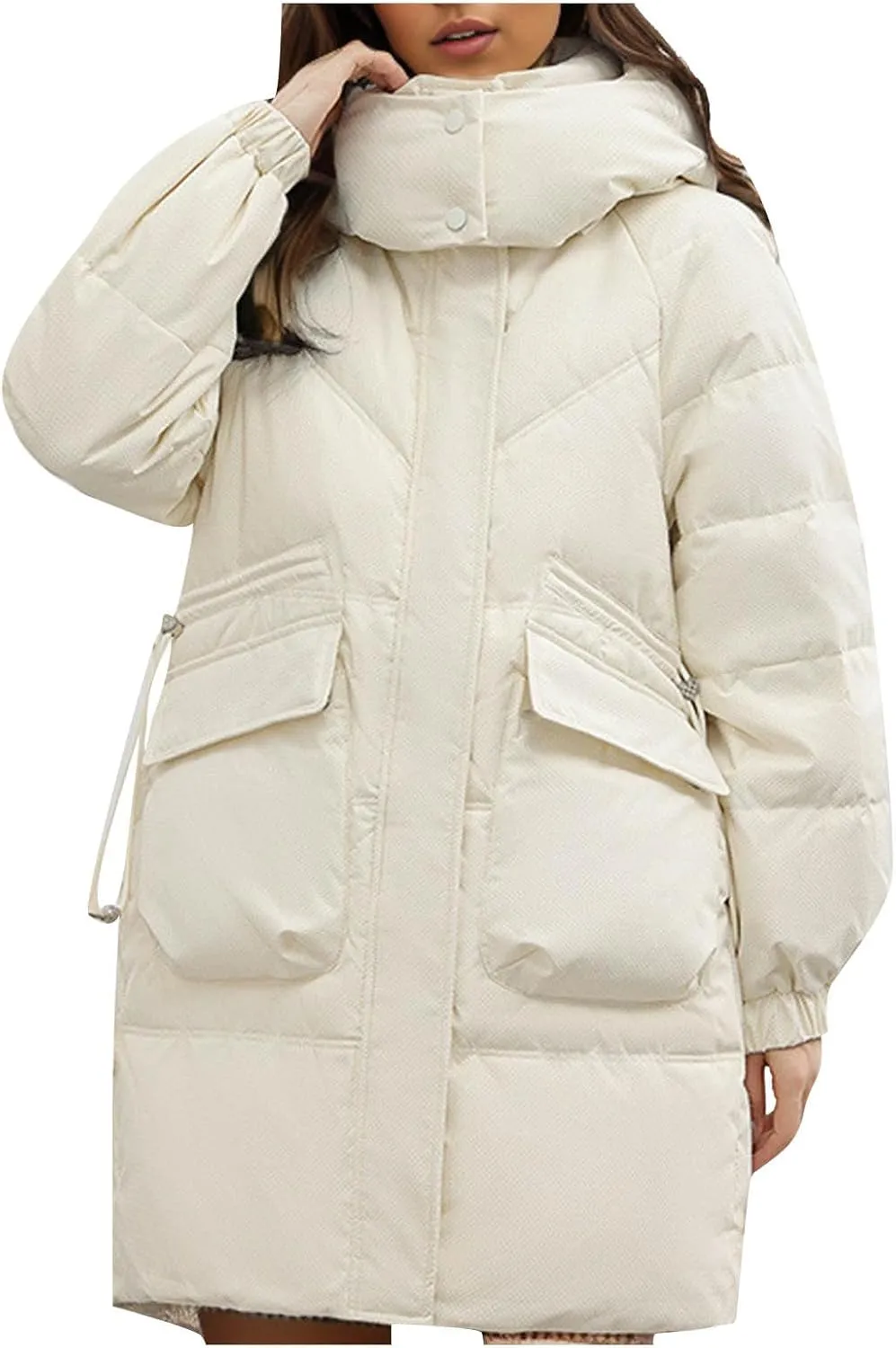 NATHGAM Women's Thickened Mid-Length Down Jacket Winter Down Coat Hooded Stand Collar Puffer Jacket Ladies Outdoor Warm Down White