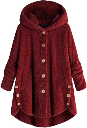 Plus Size Fleece Jacket Womens Faux Fur Coat Button Down Cardigan Hooded Jackets Winter Warm Sherpa Coats with Pockets