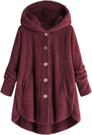 Plus Size Fleece Jacket Womens Faux Fur Coat Button Down Cardigan Hooded Jackets Winter Warm Sherpa Coats with Pockets