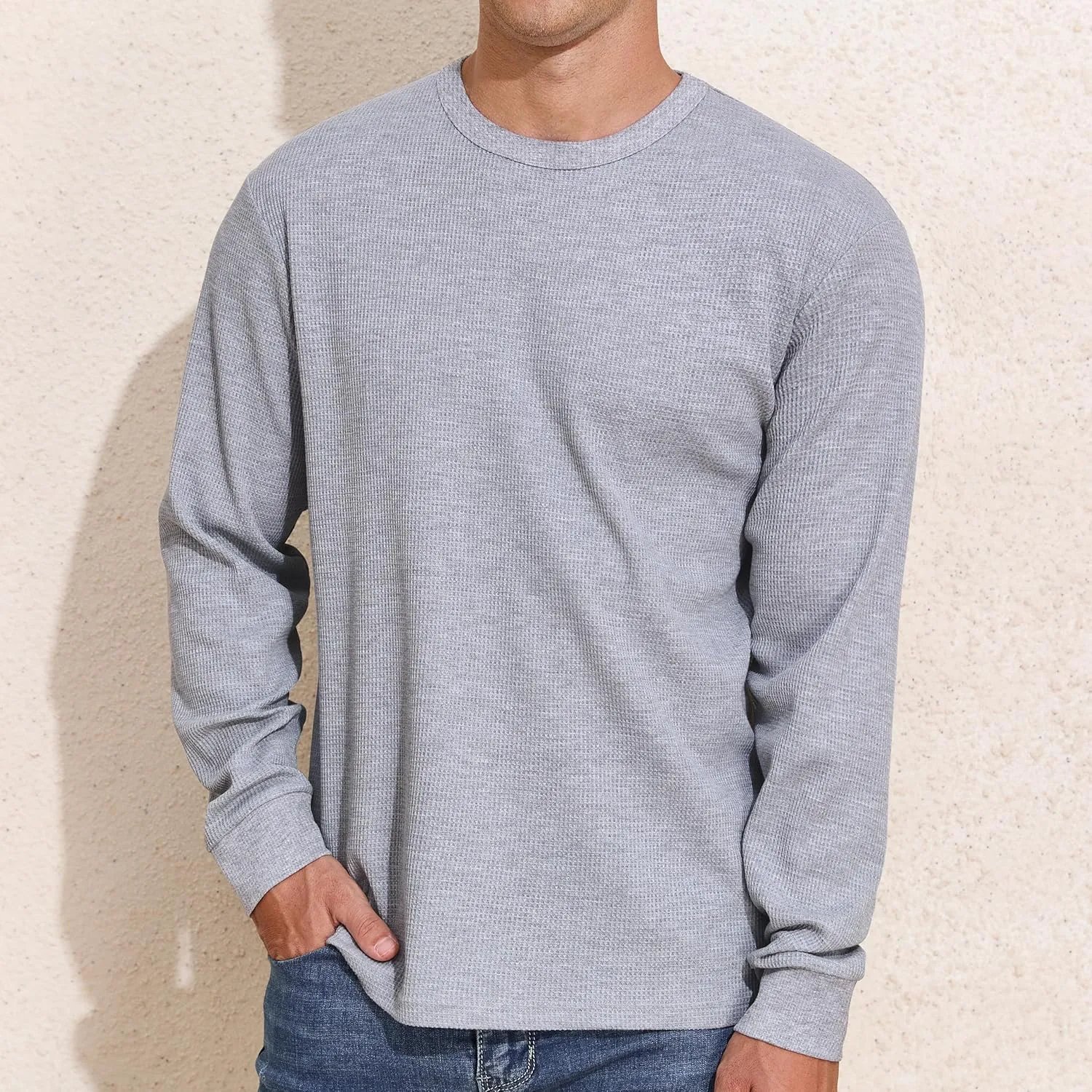 PrettyGuide Men's Long Sleeve Waffle Shirts Casual Lightweight Crewneck Thermal Undershirts Pullover Tops