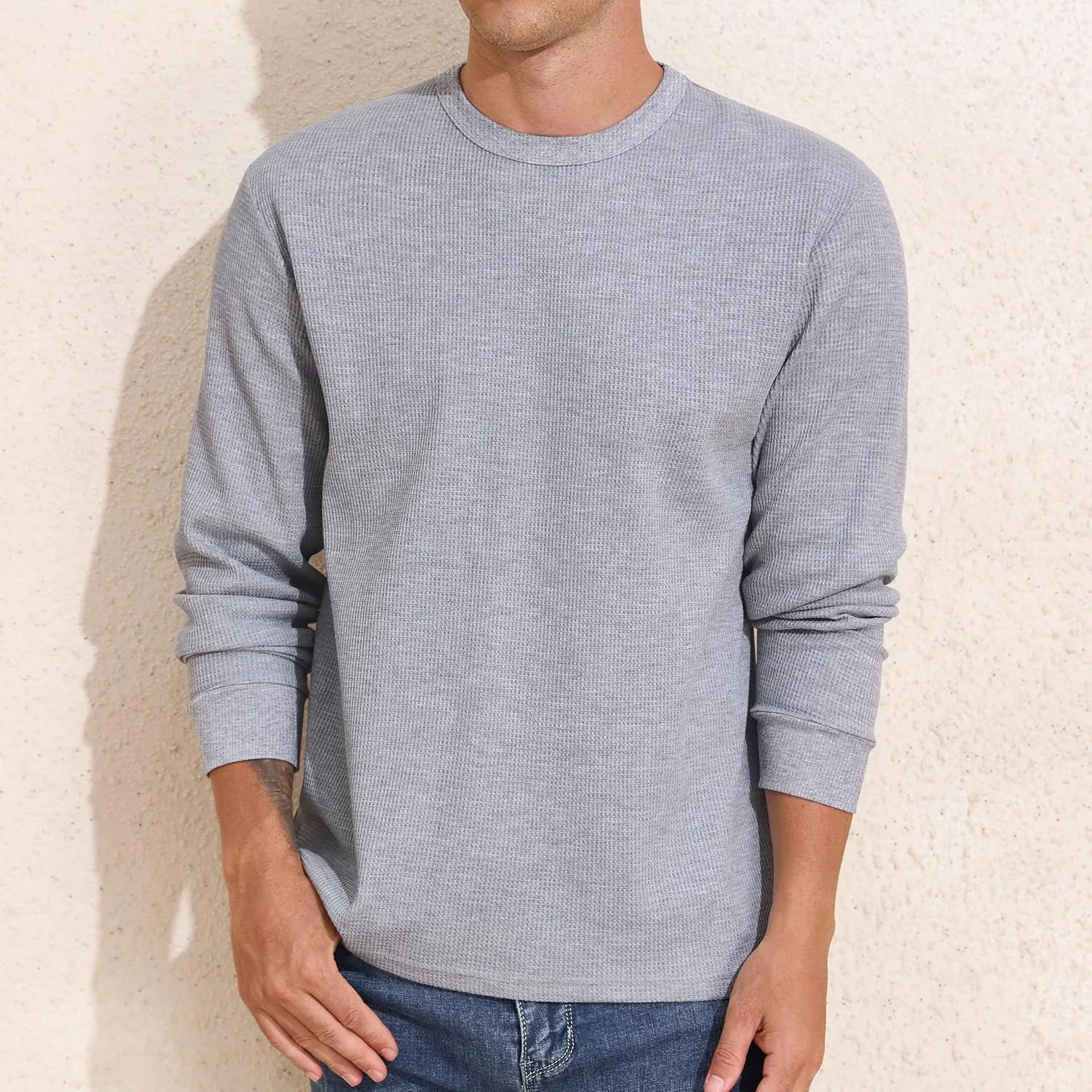 PrettyGuide Men's Long Sleeve Waffle Shirts Casual Lightweight Crewneck Thermal Undershirts Pullover Tops