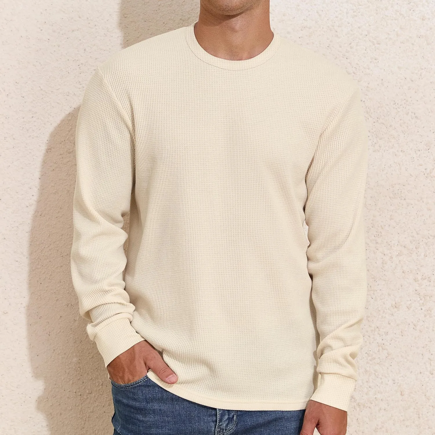 PrettyGuide Men's Long Sleeve Waffle Shirts Casual Lightweight Crewneck Thermal Undershirts Pullover Tops