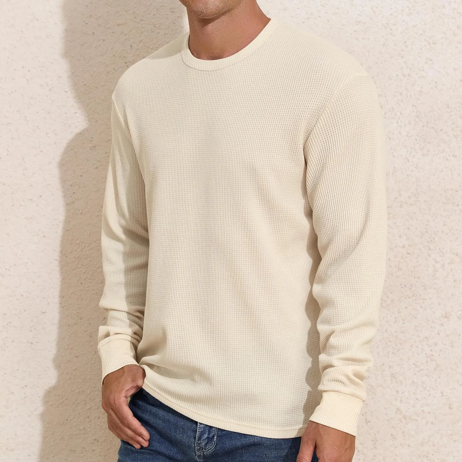 PrettyGuide Men's Long Sleeve Waffle Shirts Casual Lightweight Crewneck Thermal Undershirts Pullover Tops