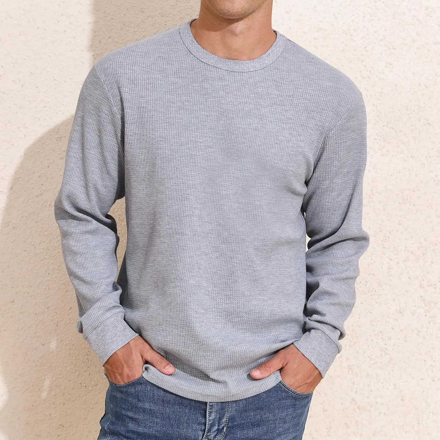 PrettyGuide Men's Long Sleeve Waffle Shirts Casual Lightweight Crewneck Thermal Undershirts Pullover Tops