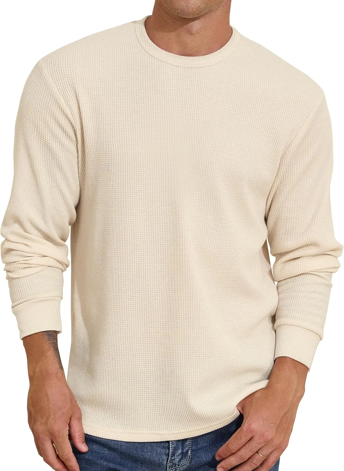 PrettyGuide Men's Long Sleeve Waffle Shirts Casual Lightweight Crewneck Thermal Undershirts Pullover Tops