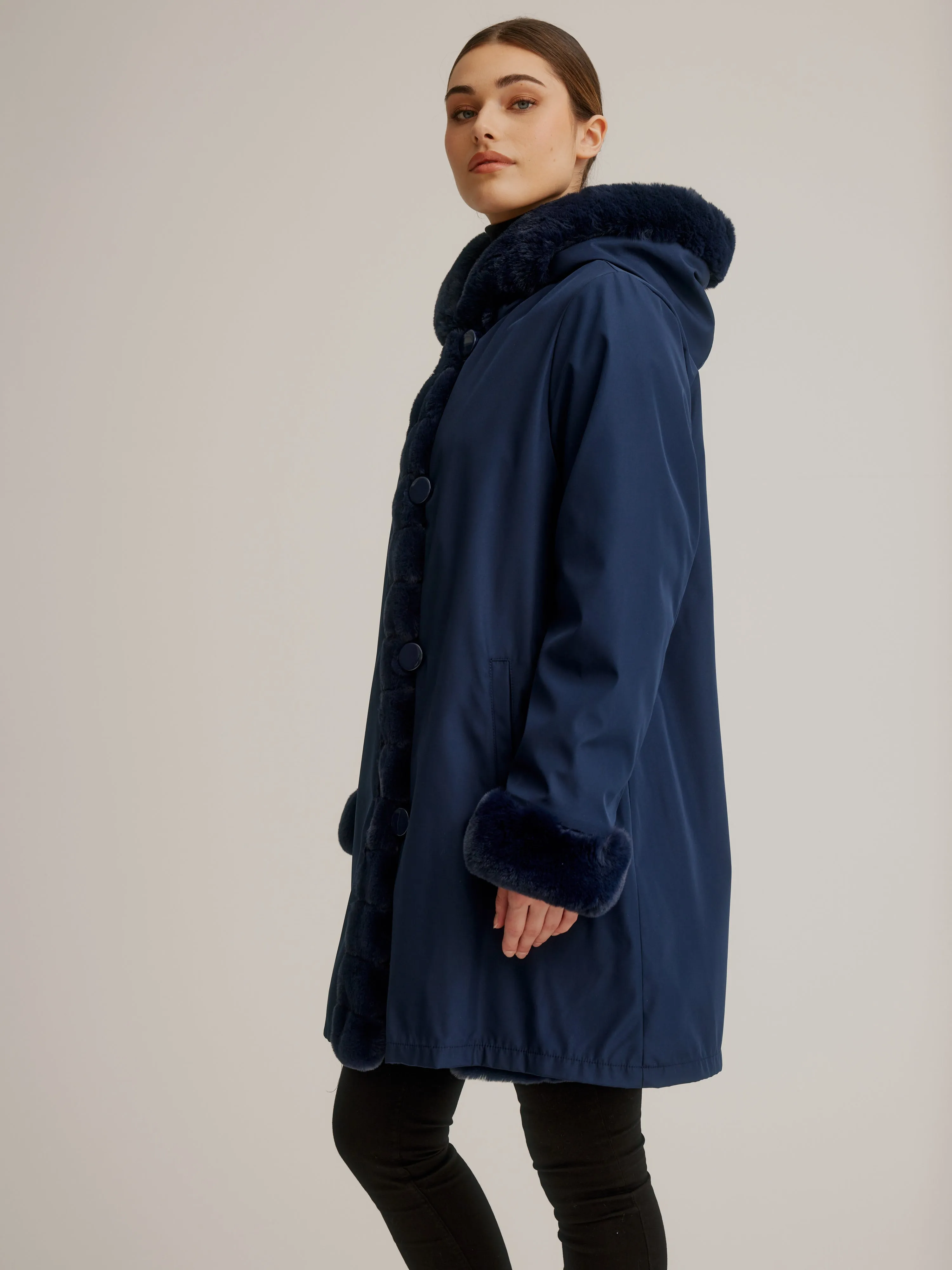 Reversible Faux Fur Coat W/ Fixed Hood & Button Front