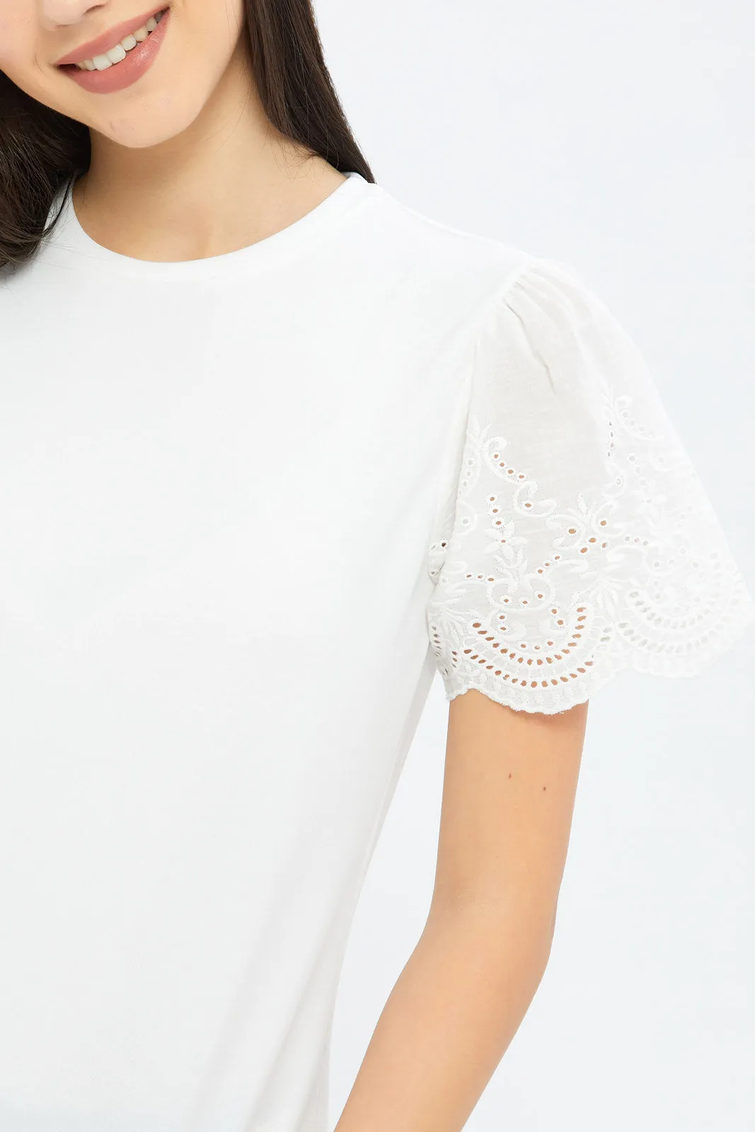 Senior Girls White Schiffli Sleeve Top