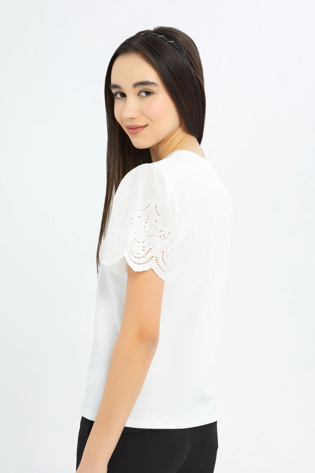 Senior Girls White Schiffli Sleeve Top
