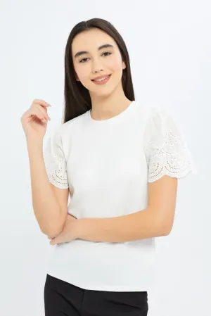 Senior Girls White Schiffli Sleeve Top