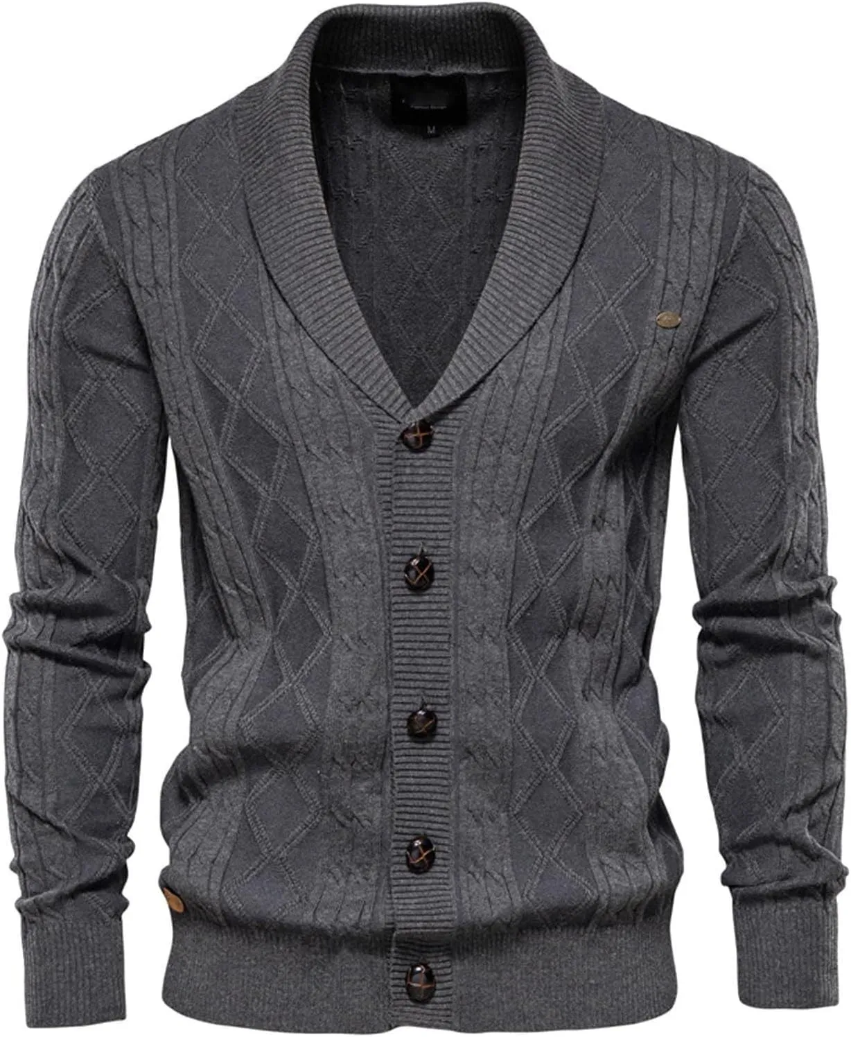 tuduoms Mens Shawl Collar Cardigan Sweater Slim Fit Argyle Knitted Dress Sweater Coat Button Down Long Sleeve Chunky Sweater