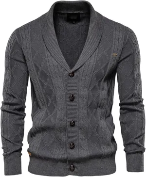 tuduoms Mens Shawl Collar Cardigan Sweater Slim Fit Argyle Knitted Dress Sweater Coat Button Down Long Sleeve Chunky Sweater