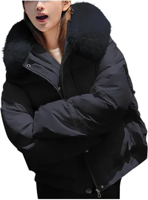 Women's Cropped Winter Coats Thickened Down Coats with Faux Fur Trim Hooded Puffer Jackets Windproof Snow Bubble Coat